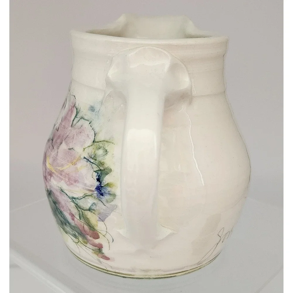 Studio Pottery Floral Pitcher Signed 1986 Cream Lavender Pink Excellent 6in
